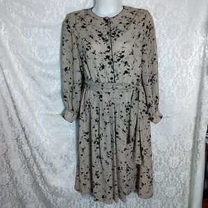 Brownstone Studio black floral print button-up tan dress size 16